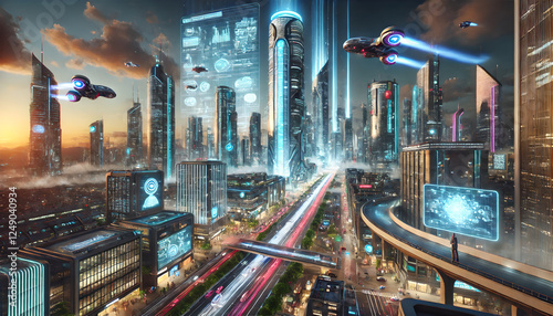 A vibrant futuristic city at sunset, featuring skyscrapers, drones, greenery, and illuminated billboards in bustling streets Generative AI