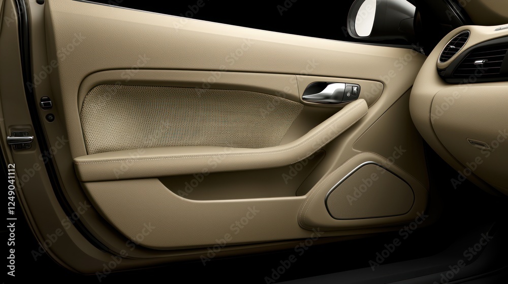 A sleek car door interior featuring a beige design, showcasing elegant contours and a modern handle against a dark background. A sleek car door interior featuring a beige design, showcasing elegant contours and a modern handle against a dark background.