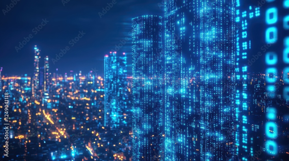 Fototapeta premium Night city skyline, digital data flows over buildings, future tech concept