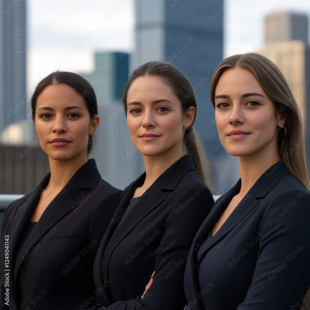 three businesswomen stand in front of city skyline three businesswomen stand in front of city skyline