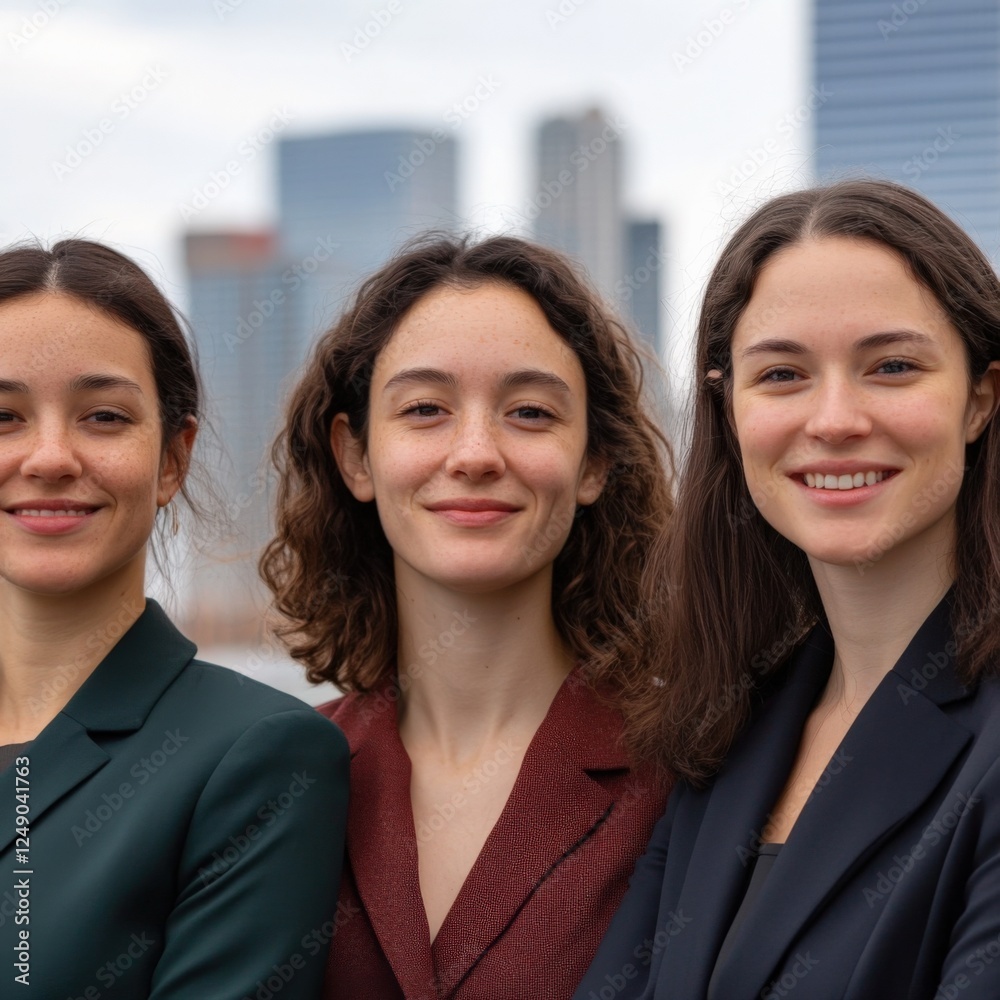 three young women in business attire with city skyline three young women in business attire with city skyline