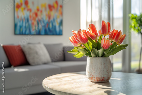 Bouquet of beautiful red tulip spring flowers in vase on coffee table in living room