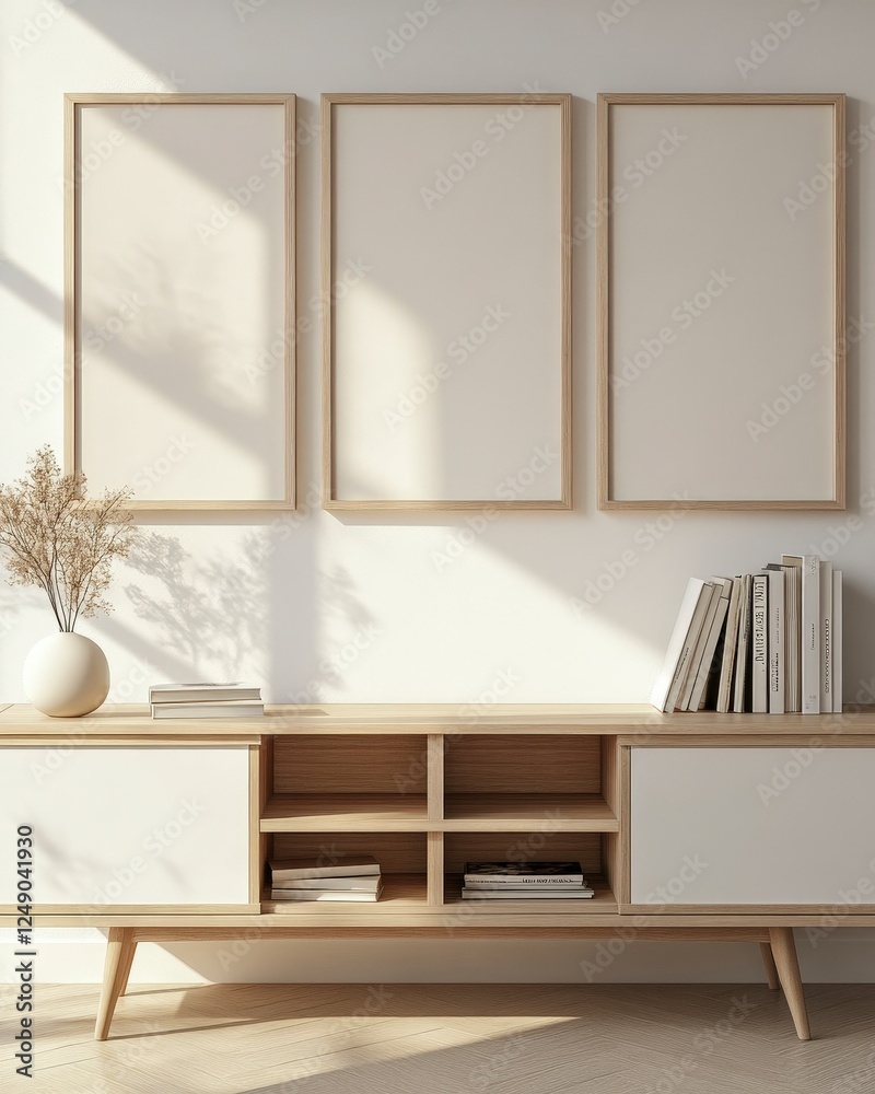 Fototapeta premium Modern Minimalist Living Room with Three Blank Frames and Decor