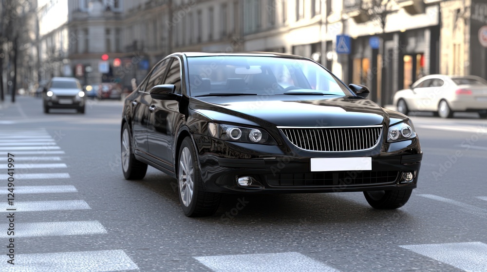 A sleek black car drives through a city street, showcasing urban architecture and a lively atmosphere. A sleek black car drives through a city street, showcasing urban architecture and a lively atmosphere.