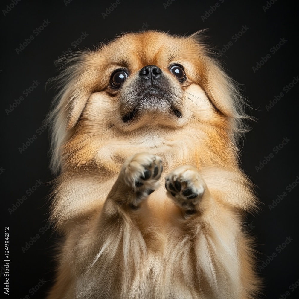 Fluffy Pekingese Dog Sitting with One Paw Raised in Studio Lighting