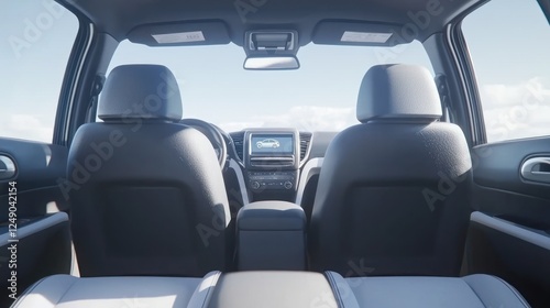 A modern car interior showing the back seats and dashboard, designed for comfort and technology with a bright, open atmosphere.