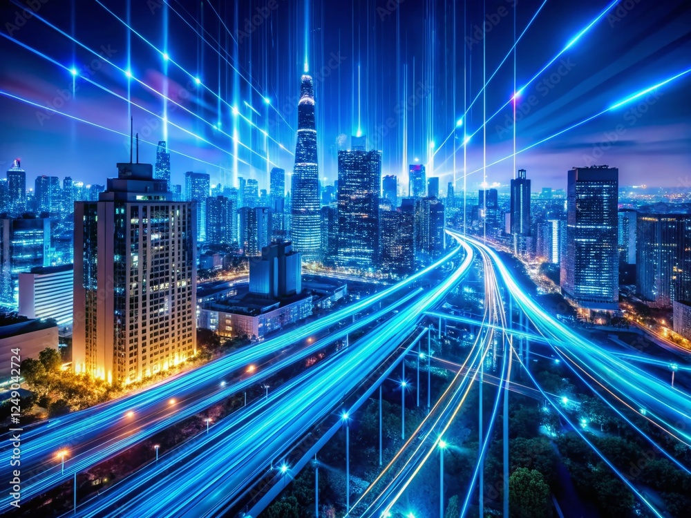 Fototapeta premium Futuristic Tech Data Streams: Bright Blue Light Trails at Night