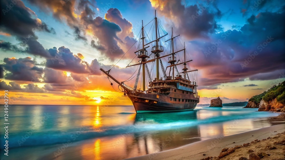 Fototapeta premium Galleon Shipwreck at Secluded Cove: Stunning Coastal Landscape Photography