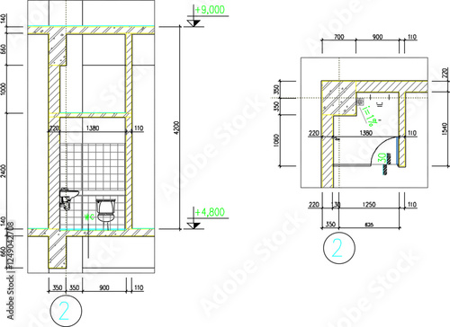 vector sketch, silhouette illustration, site plan layout, public bathroom layout with size scale
