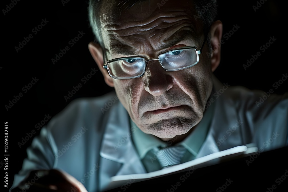 Fototapeta premium A focused scientist or doctor examines a document under dim lighting, highlighting a serious expression and attention to detail. Concept Focused Research, Dim Lighting Atmosphere, Serious Expression