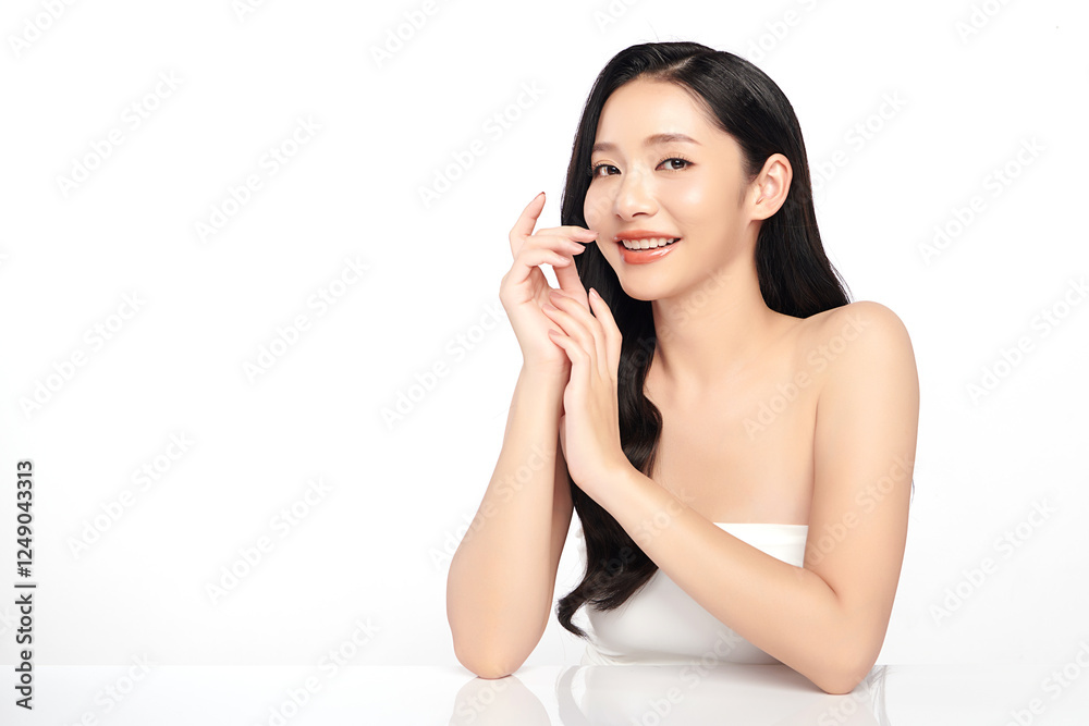 Beautiful young asian woman with clean fresh skin on white background, Face care, Facial treatment, Cosmetology, beauty and spa, Asian women portrait.