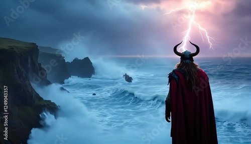 Viking Warrior Contemplating Stormy Ocean Dramatic Landscape