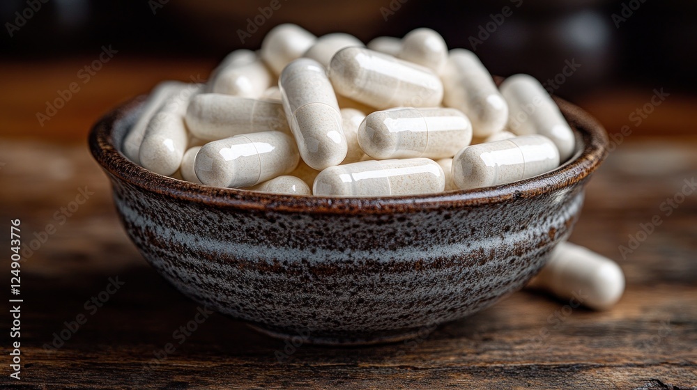 White capsules in a bowl. White capsules in a bowl.