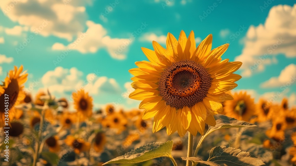 Fototapeta premium A close-up image shows a vibrant, blooming sunflower surrounded by a clear blue sky