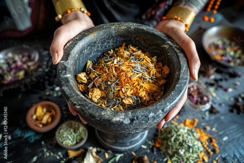 Herbalist is preparing a mixture of dried herbs generative AI concept photo