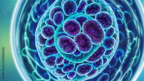 A close-up of a vibrant and dynamic animation of a cellular organism under a microscope. The organism is spherical, with a semi-transparent membrane.