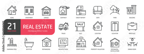 Set of line icons related to apartment, building. garage, property, swimming pool. Outline icons collection. Editable stroke. Vector illustration.