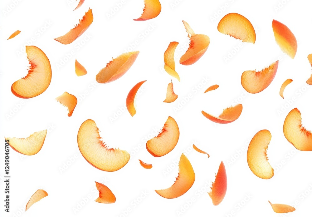 Bright and Colorful Peach Slices Floating on White Background Bright and Colorful Peach Slices Floating on White Background