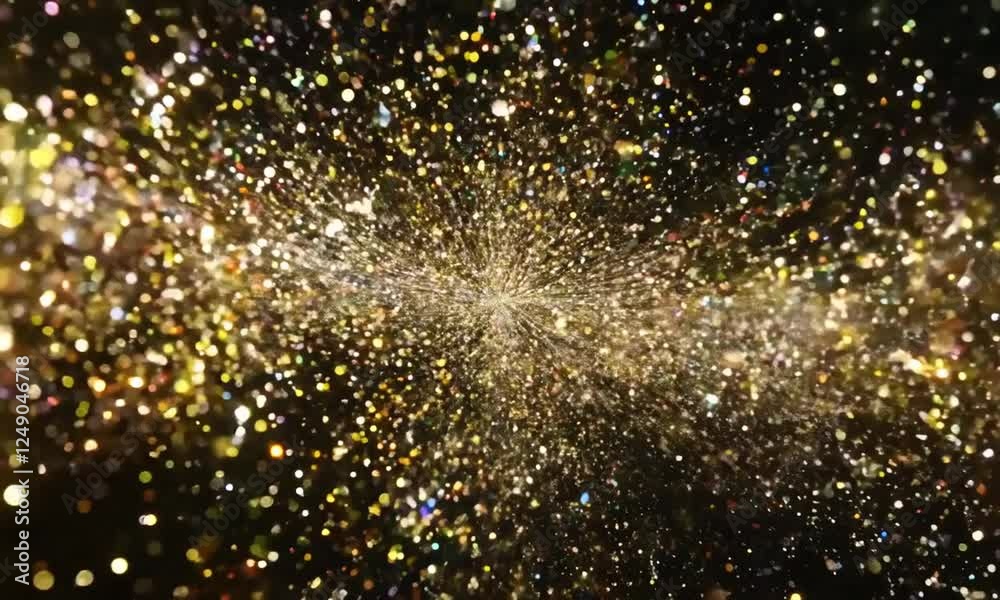 A swirling, abstract background with a dazzling display of golden glitter and colorful sparkles exploding from the center.