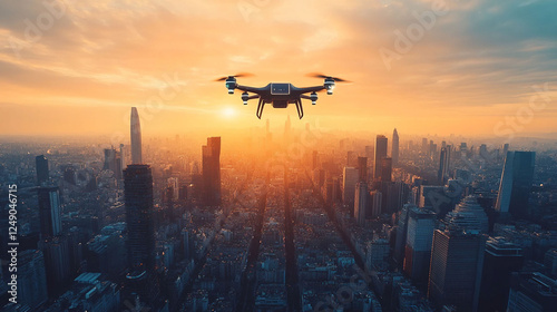 Modern Drone View of Golden Sunset over Contemporary Urban Skyline