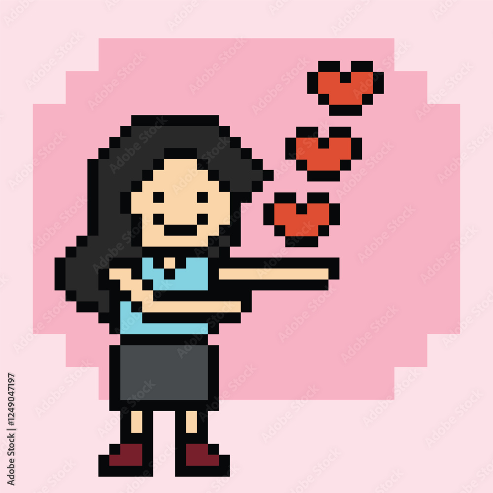 Fototapeta premium Cute pixel cartoon 8bit character woman lady feel love happy happiness heart emotion decoration in love 8 bit female girl happy favorite like mood game vector.