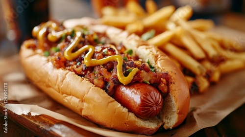 A sumptuous hotdog graces a picnic table, accompanied by crunchy, crisp fries