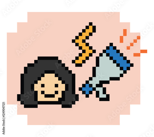 Cute pixel cartoon character woman with megaphone announcement speaker information announce decoration 8 bit female girl lady megaphone cartoon pixel game png vector.