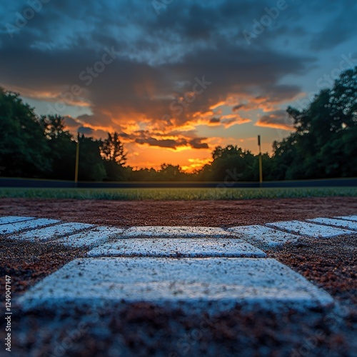 Baseball diamond with crisp field lines at dusk