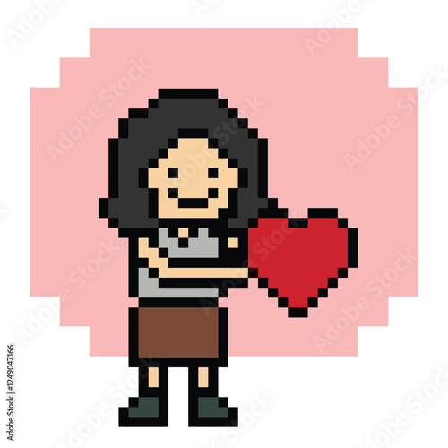 Cute pixel cartoon 8bit character woman lady feel love happy happiness heart emotion decoration in love 8 bit female girl happy favorite like mood game isolated vector.