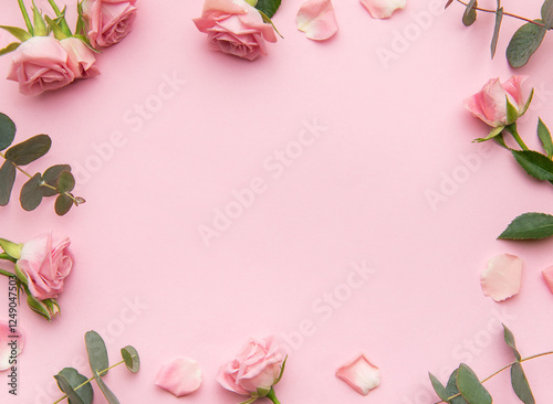 Pink roses and eucalyptus leaves creating a frame on a pink background
