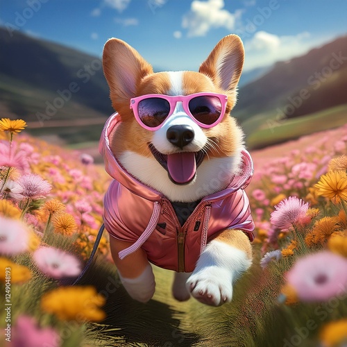 Corgi mit pinker Jacke und Sonnenbrille rennt durch ein Blumenfeld