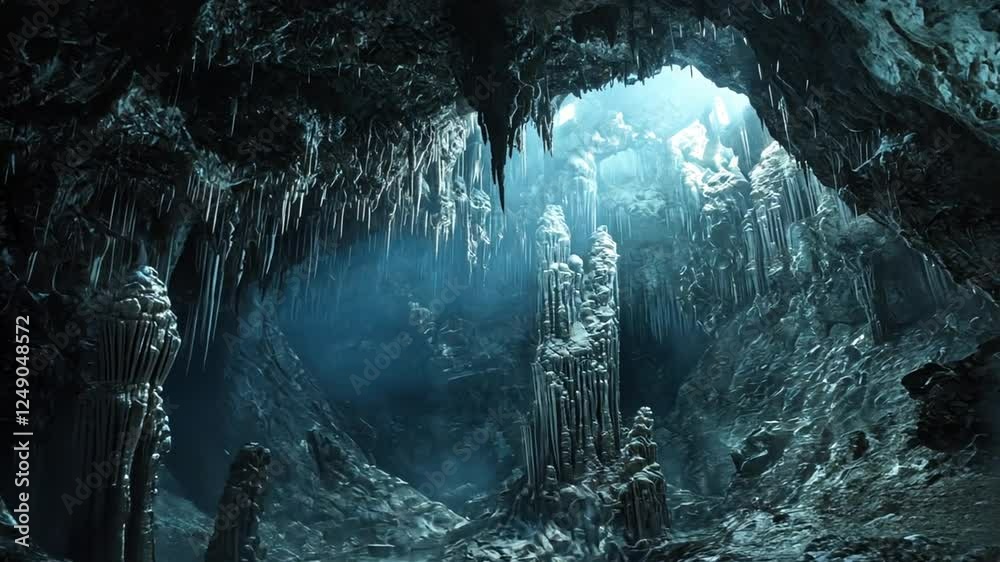 Enigmatic Cave Depths: Stalactites and Stalagmites in a Mysterious Underground World