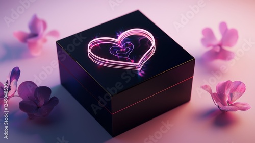 Luxe Valentines box with metallic rose gold details and neon heart graphics softly glowing in pink and purple tones photo