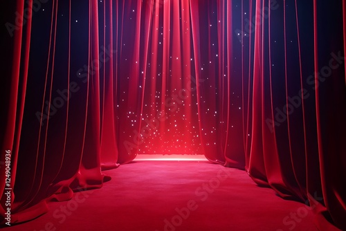 Red velvet theater curtains illuminated by glittering particles
