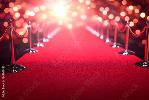 Red carpet runway with rope barriers under spotlight.