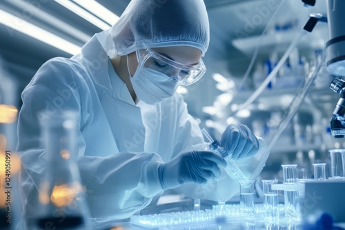 A medical researcher testing new pharmaceutical compounds in a sterile lab environment