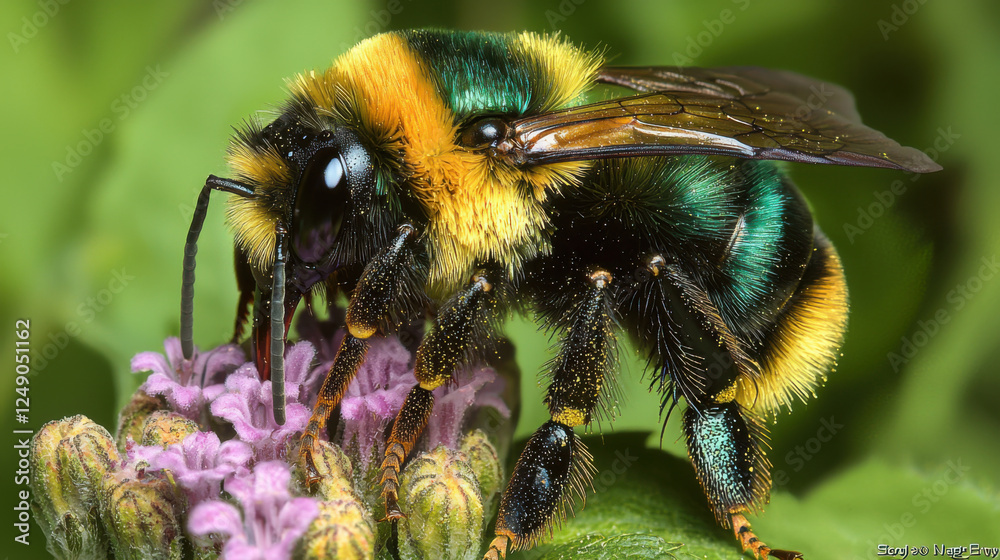Biodiversity and sustainability living concept. close up of vibrant bee with metallic green and yellow stripes on purple flower Biodiversity and sustainability living concept. close up of vibrant bee with metallic green and yellow stripes on purple flower