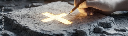 A hand draws a glowing cross on a stone surface, symbolizing marking, guidance, or treasure in a mystical or adventurous context., Ash Wednesday