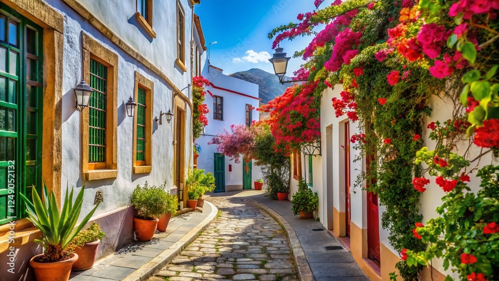 Obraz premium Gran Canaria Architecture: Macro View of Whitewashed Buildings and Cobblestone Street