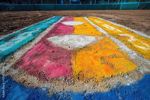 Baseball diamond with vibrant chalk markings, sunny day