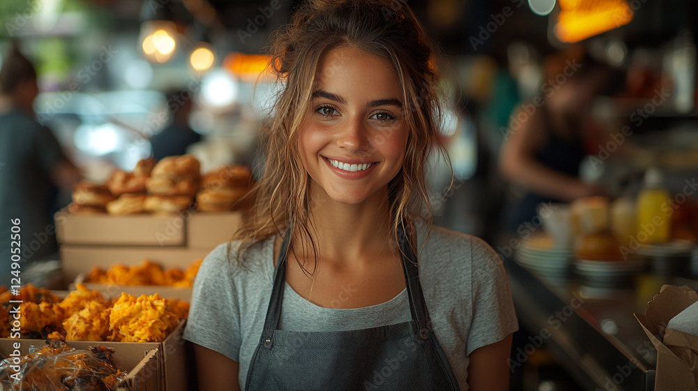 Smiling barista serves fresh pastries at a bustling cafe filled with warm light during a vibrant morning rush Smiling barista serves fresh pastries at a bustling cafe filled with warm light during a vibrant morning rush