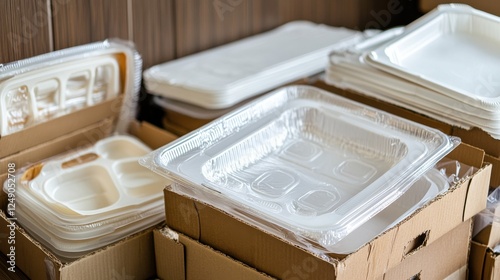 Stacked disposable food containers in a storage area, showcasing organized packaging materials