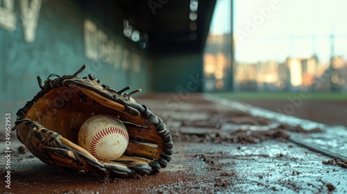Baseball glove and ball in the dugout