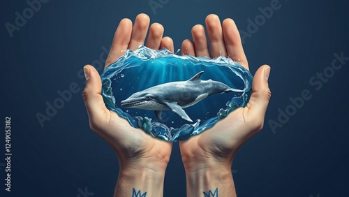 Man Holding a Blue Whale in His Palms, Symbolic and Heartwarming Concept for Marine Mammals Rescue Day