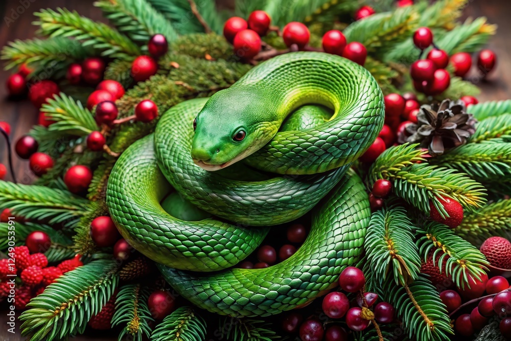 Fototapeta premium Green Snake Curled on Festive Christmas Wreath with Pine Cones & Berries - Drone Aerial View