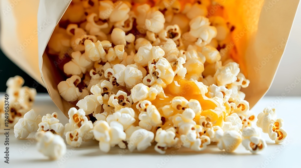 A fresh bag of popcorn with buttery, golden kernels spilling over, resting on a clean white surface A fresh bag of popcorn with buttery, golden kernels spilling over, resting on a clean white surface