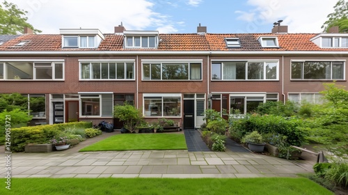 These charming row houses feature a well-maintained shared garden and distinct architectural styles that reflect a cozy residential community atmosphere.