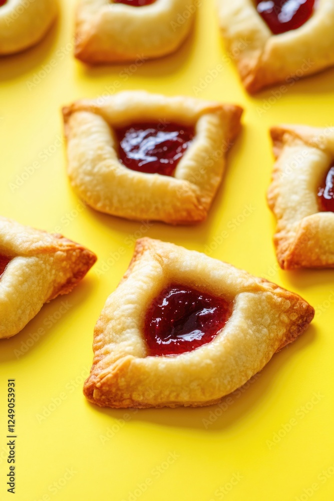 A collection of small pastry pastries filled with jelly and arranged on a yellow background. A collection of small pastry pastries filled with jelly and arranged on a yellow background.