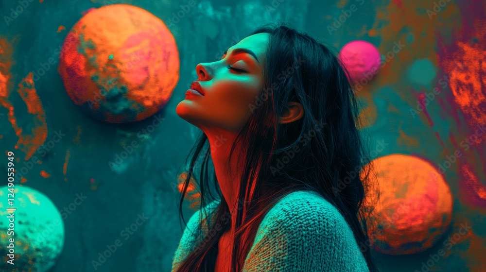 Naklejka premium A dreamer with their eyes shut, enveloped by abstract shapes and colors that symbolize creativity