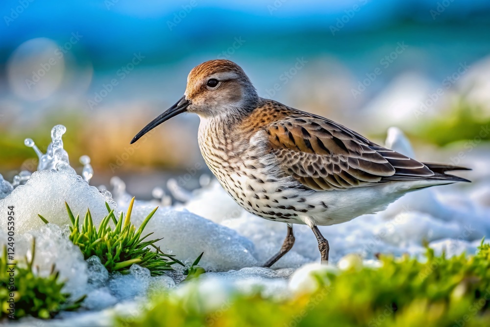Grey-Plumed Dunlin Foraging on Foaming Seashore - Wildlife Photography Grey-Plumed Dunlin Foraging on Foaming Seashore - Wildlife Photography